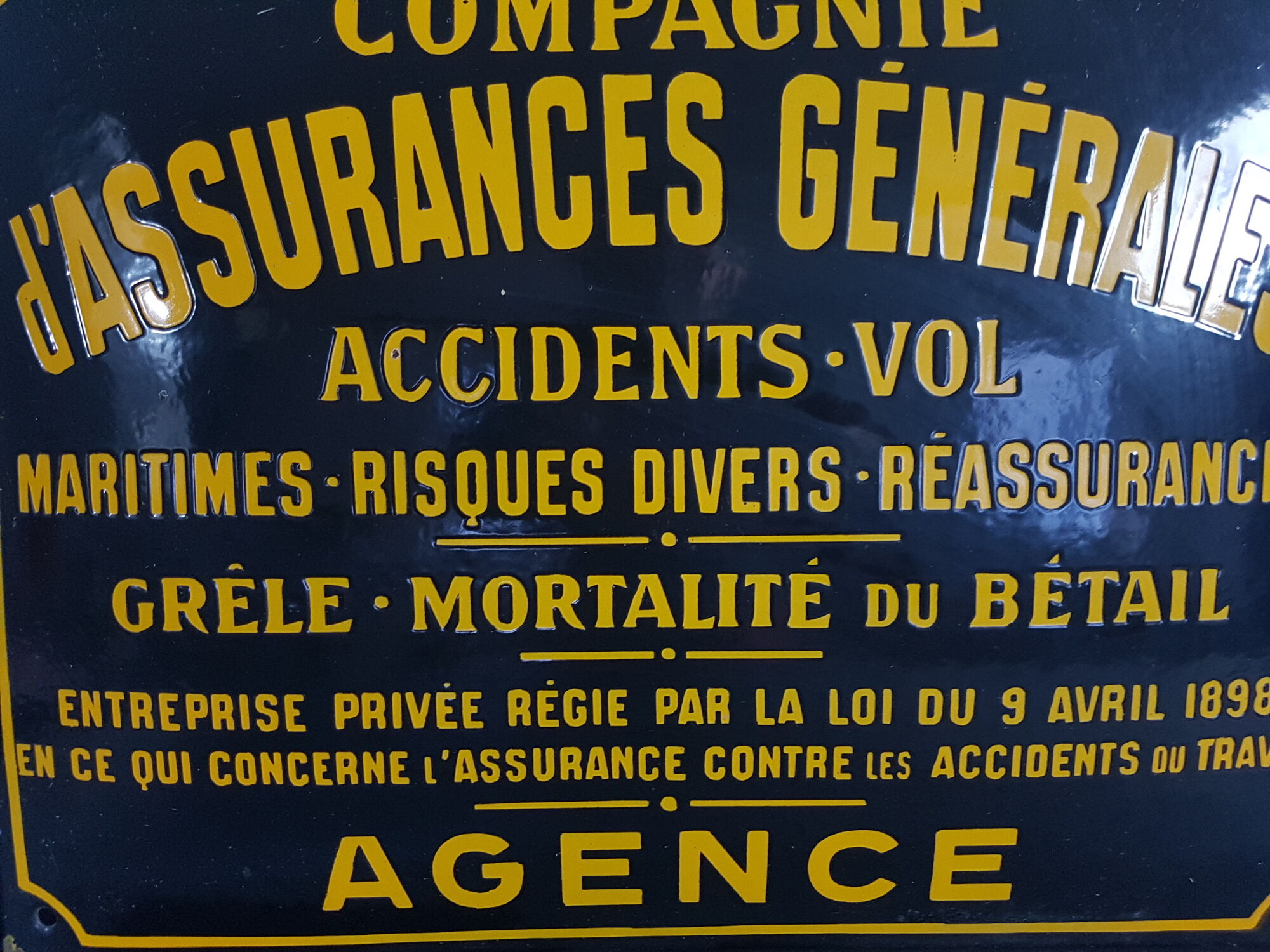 Advertising enamel plate "General insurance company... Miscellaneous risks... Hail, livestock mortality..." 50x 42 cm