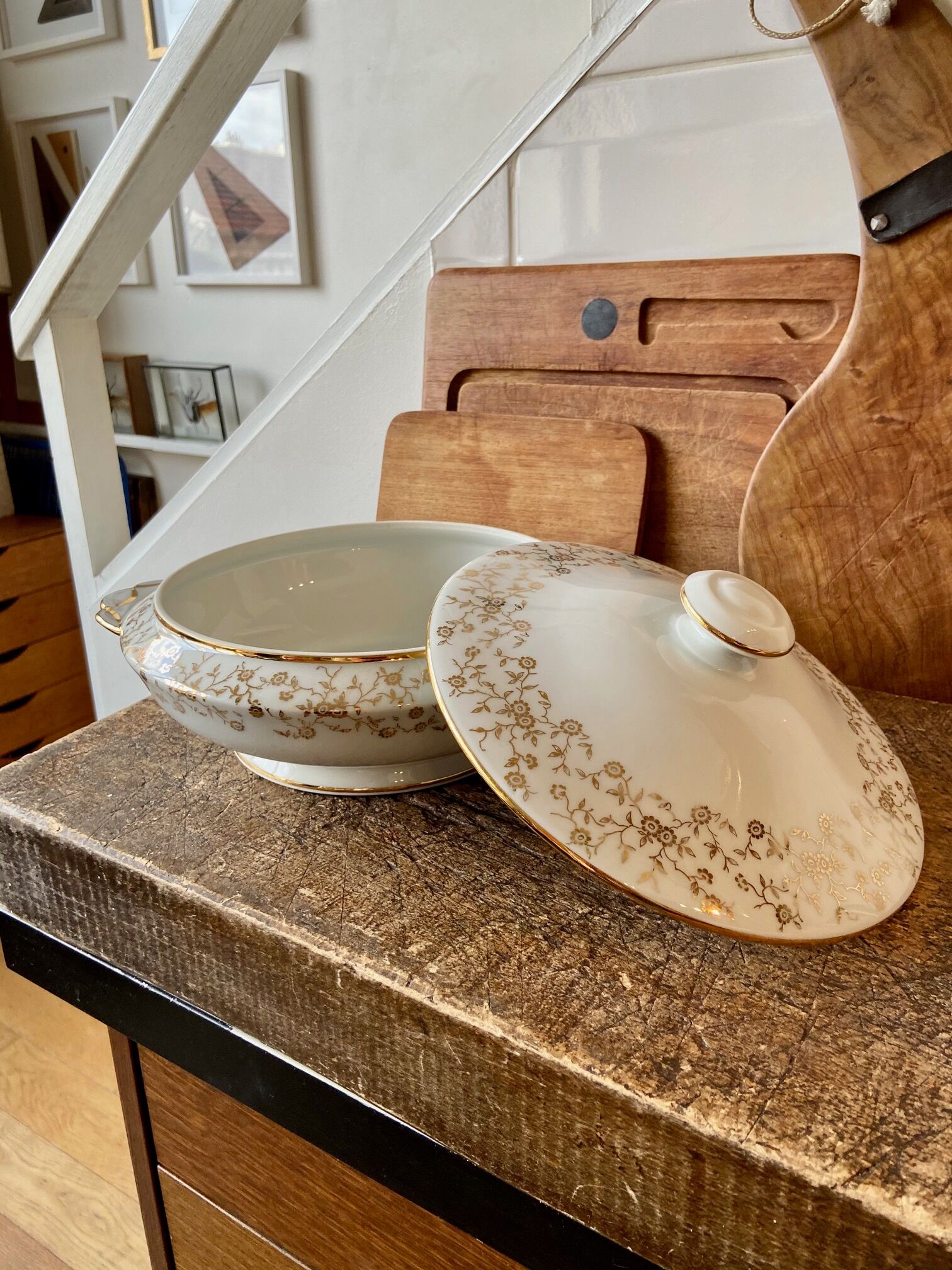 White and gold porcelain soup