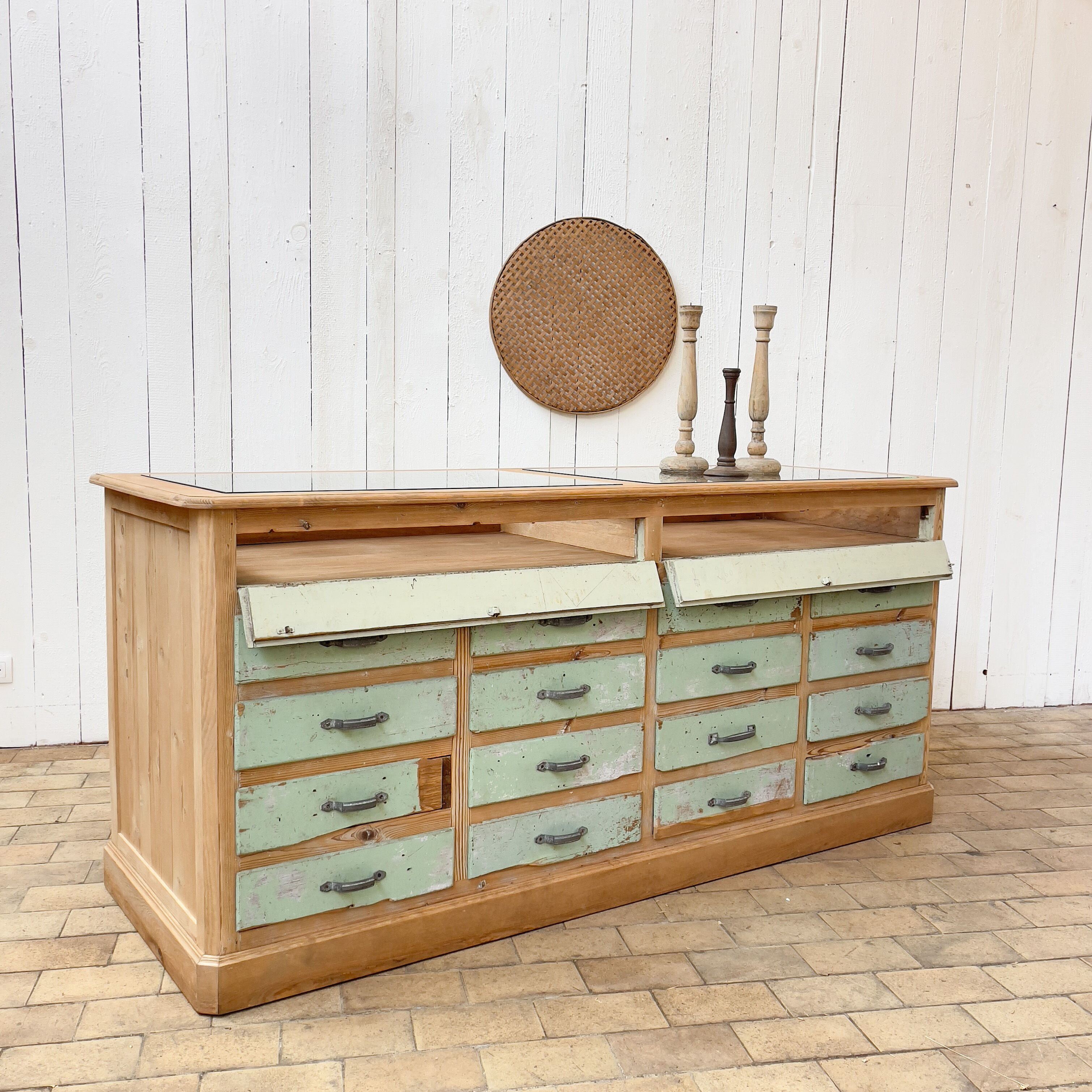 Old wooden display case with drawers, 1950