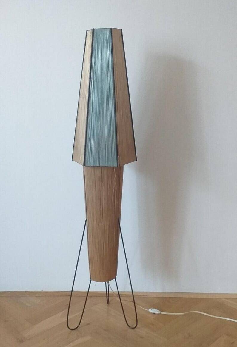 Rare Midcentury Rocket Floor Lamp, Metal and Straw, German Design