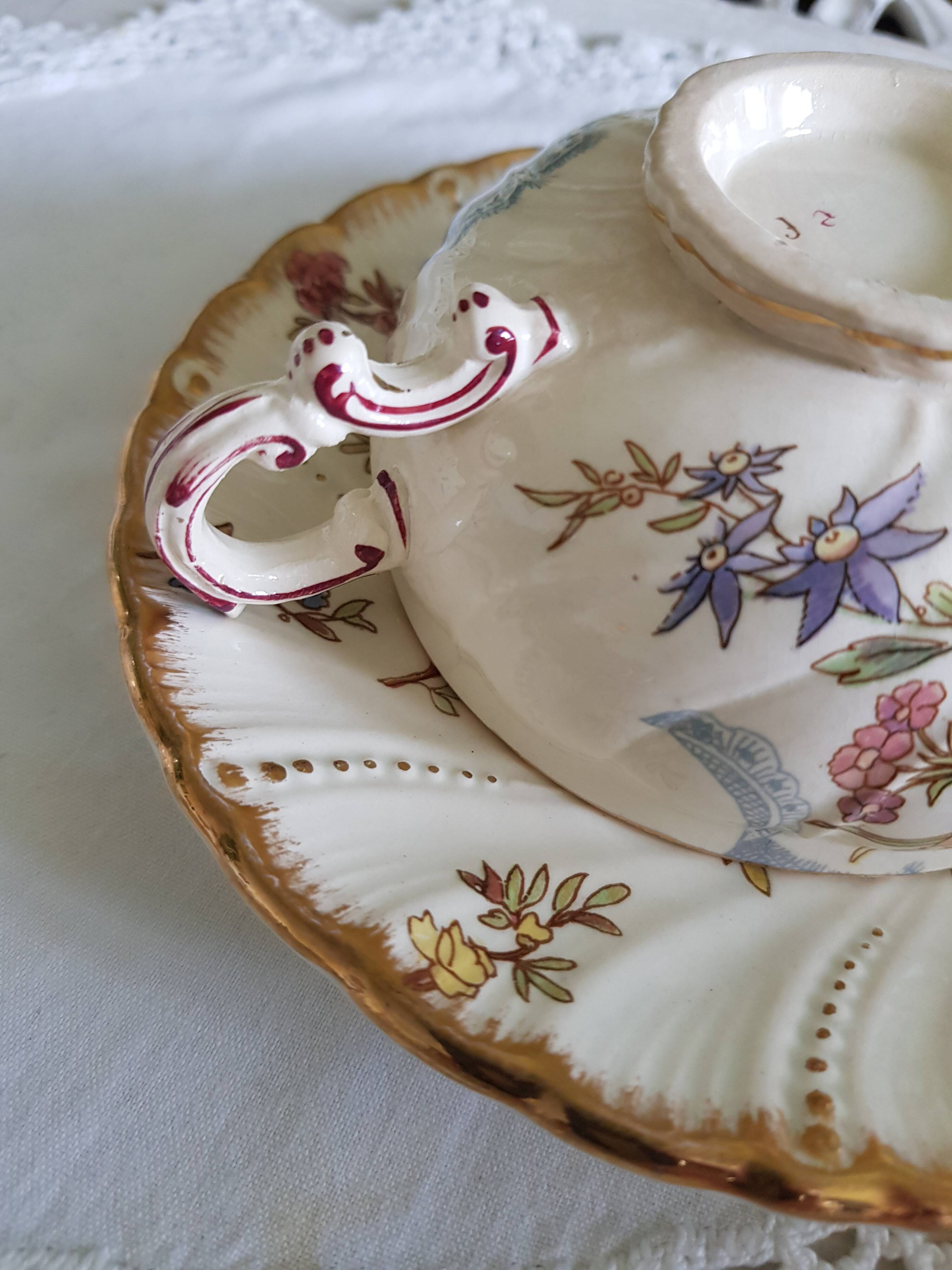 Rare 19th century cup and saucer, Sarreguemines earthenware, Louis XV model