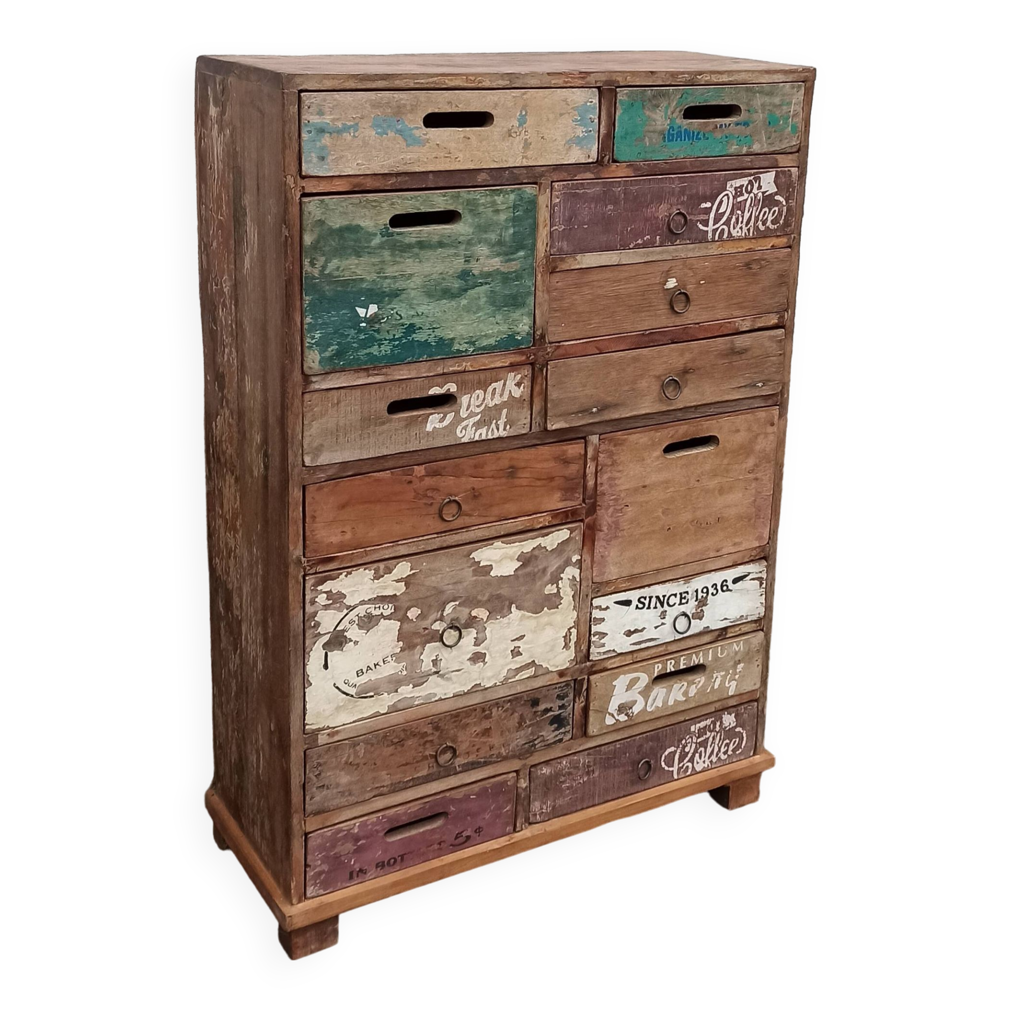 Original wooden chest of drawers with 15 mismatched drawers
