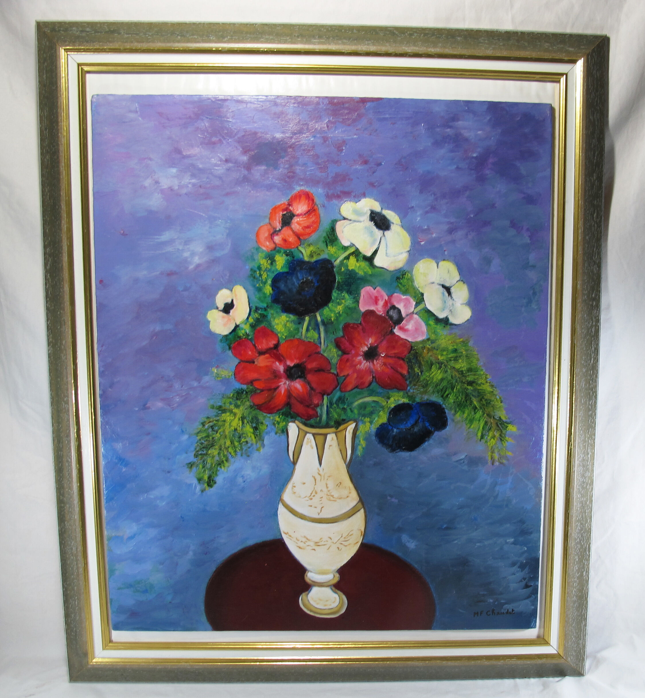 Oil painting on wood panel still life vase bouquet of flowers signed
