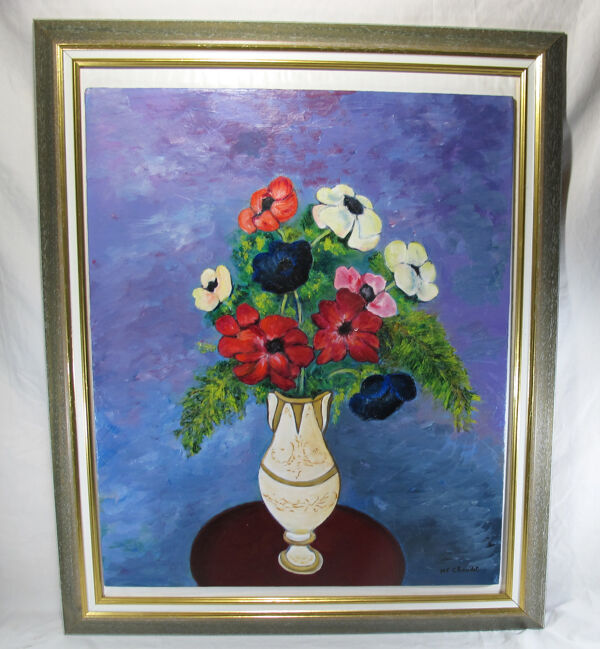 Peinture à l’huile sur panneau de bois nature morte vase bouquet de fleurs signé