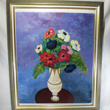 Oil painting on wood panel still life vase bouquet of flowers signed
