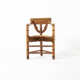 Hand carved brutalist  / folk 'Monk' chair, reupholstered in sheepskin, Swe