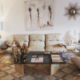 Large travertine coffee table and smoked glass