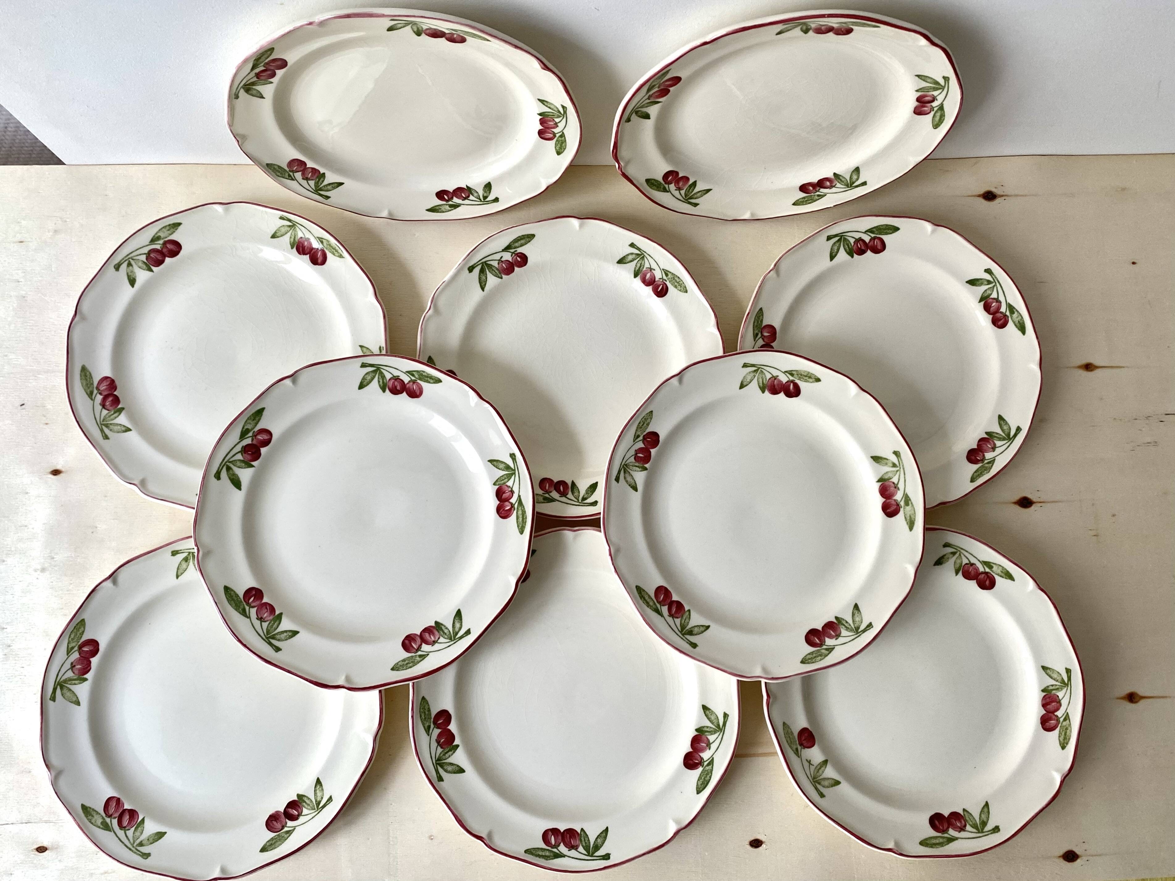 "Cherries" dessert service by Gien vintage, pie dish + 10 dessert plates, Faien ceramic