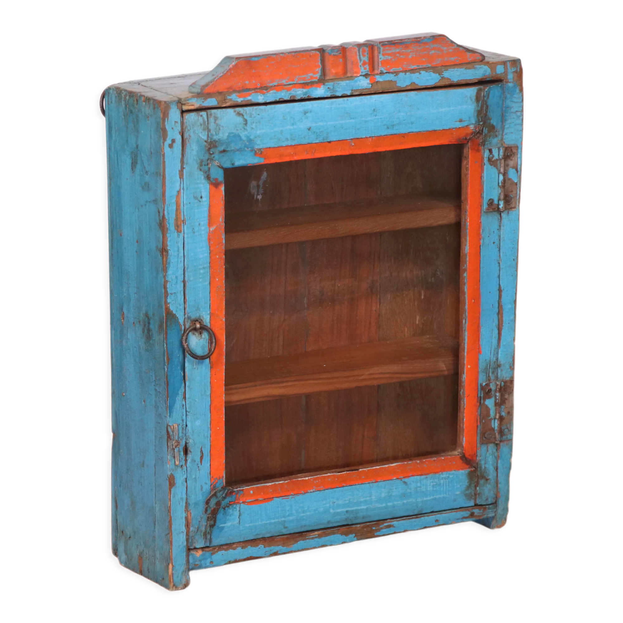 Ancienne vitrine murale art déco en teck birman patine bleue-rouge d'origine