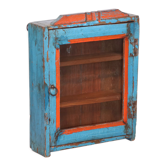 Ancienne vitrine murale art déco en teck birman patine bleue-rouge d'origine