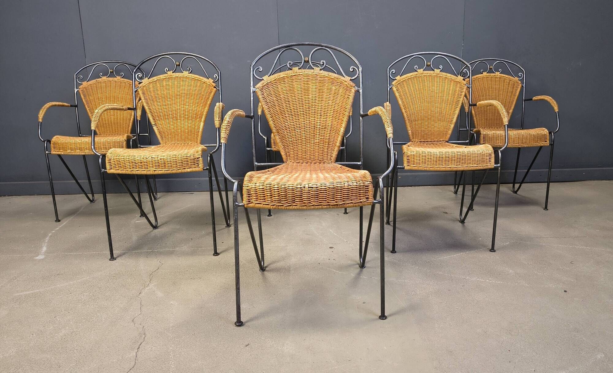 Wicker chairs attributed to Frederick Weinberg, 1960s, set of 6