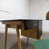 Baumann desk and chair, 1960s, Formica, wood and black, green seat