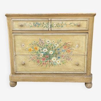 Commode en bois peint a décor de fleurs