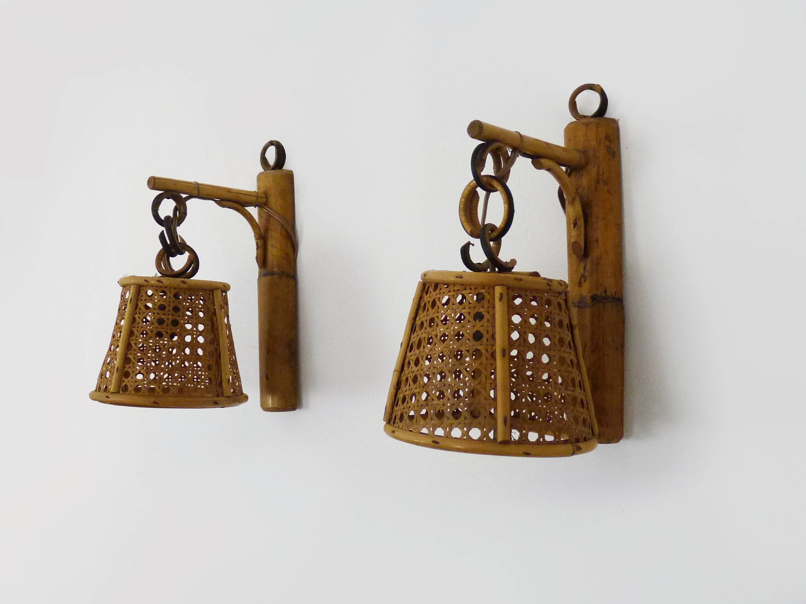 Pair of rattan and cane lantern wall lights. 1950s-60s