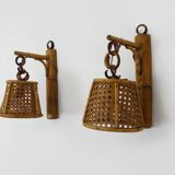 Pair of rattan and cane lantern wall lights. 1950s-60s
