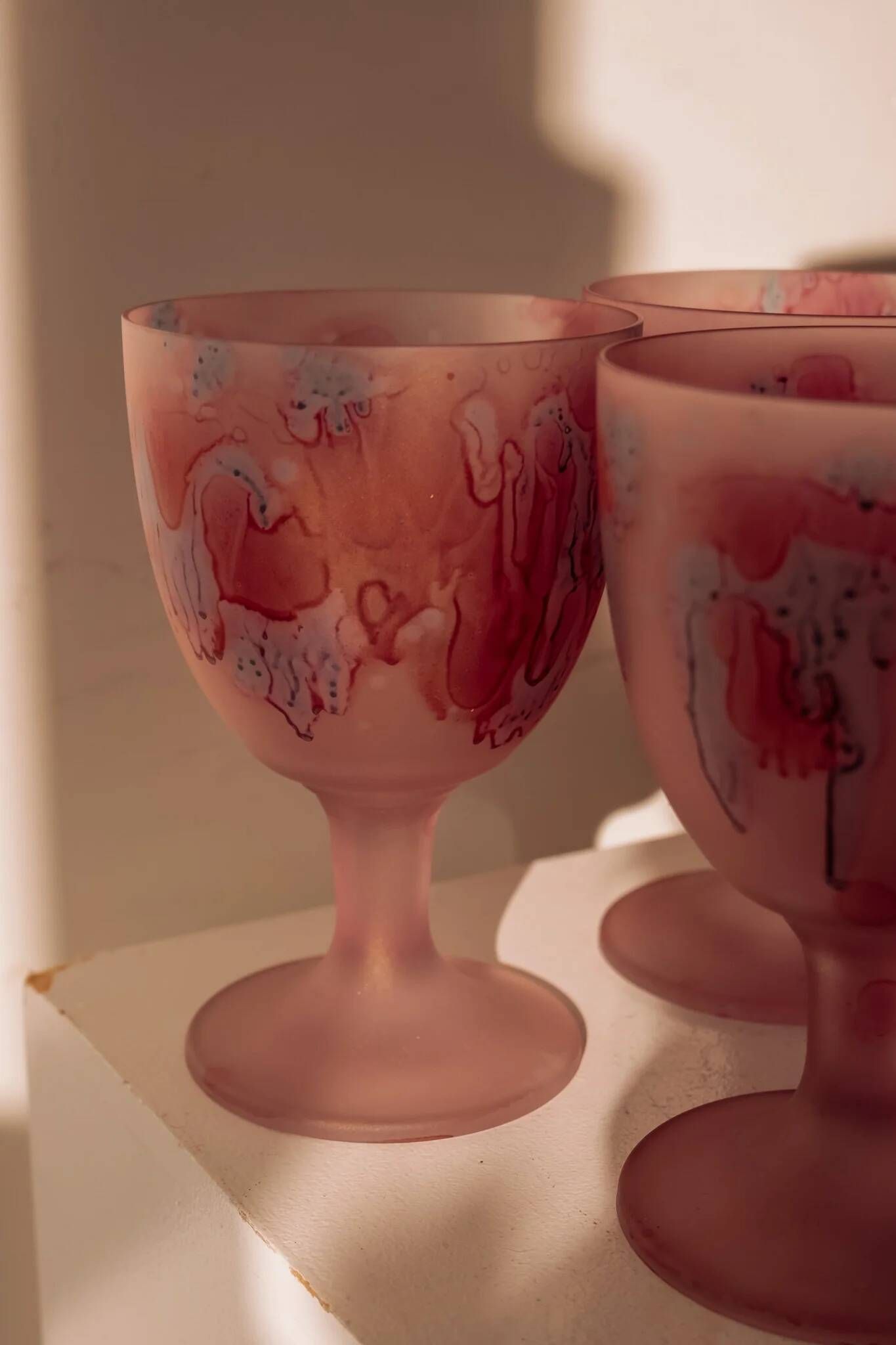 Frosted pink wine glasses hand-painted, set of 6