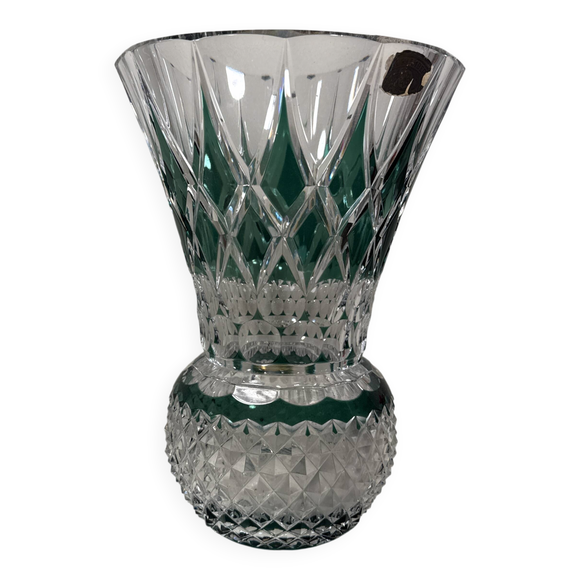 Val Saint-Lambert "Pineapple" vase in double-layered and cut green crystal. Height: