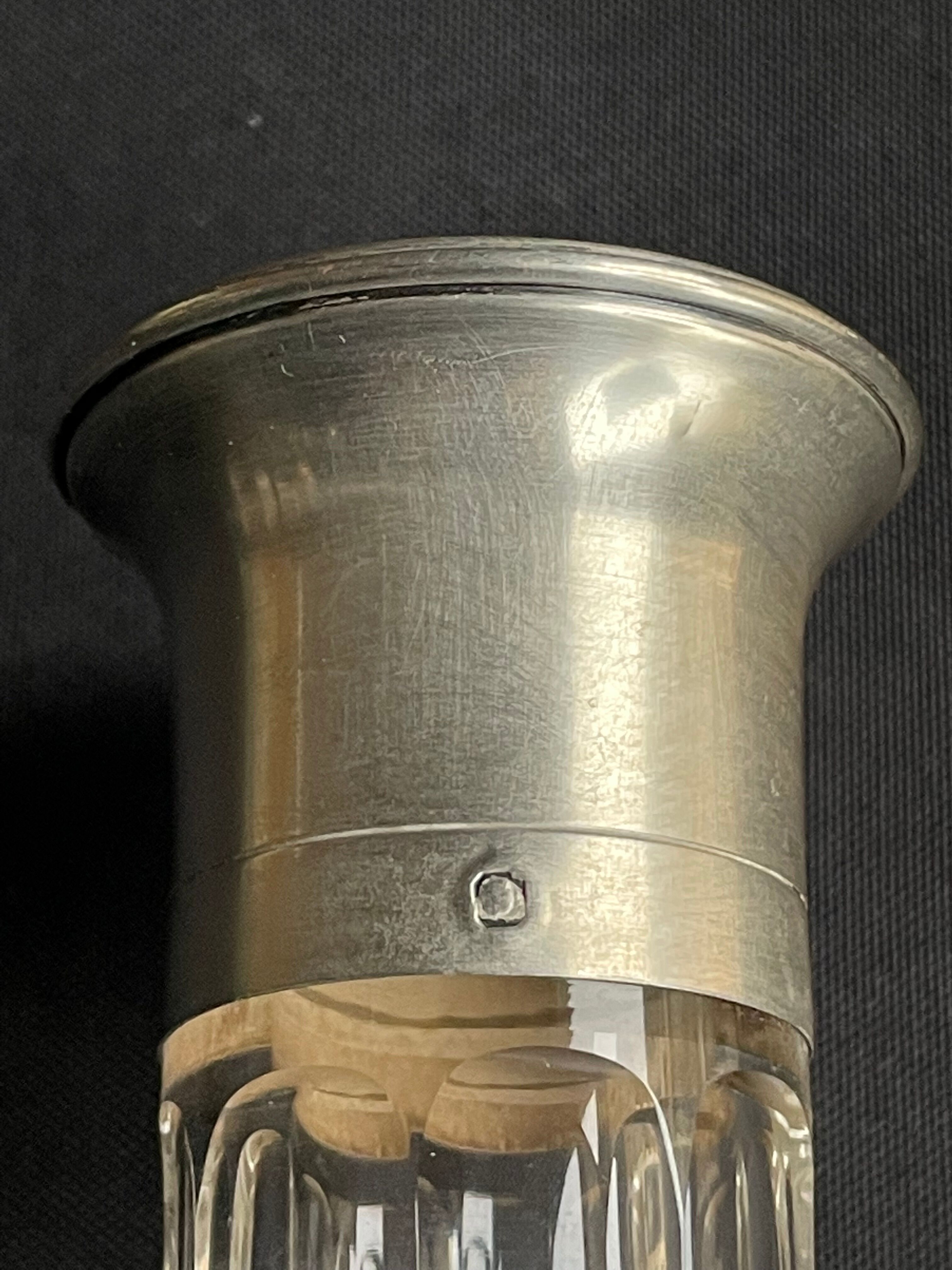 Blown crystal decanter, cut and silver collar