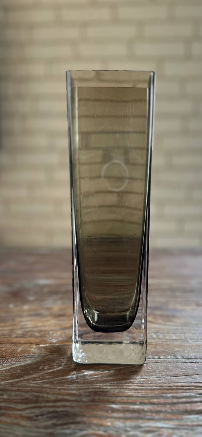 Rectangular smoked glass vase design in retro vintage Murano spirit
