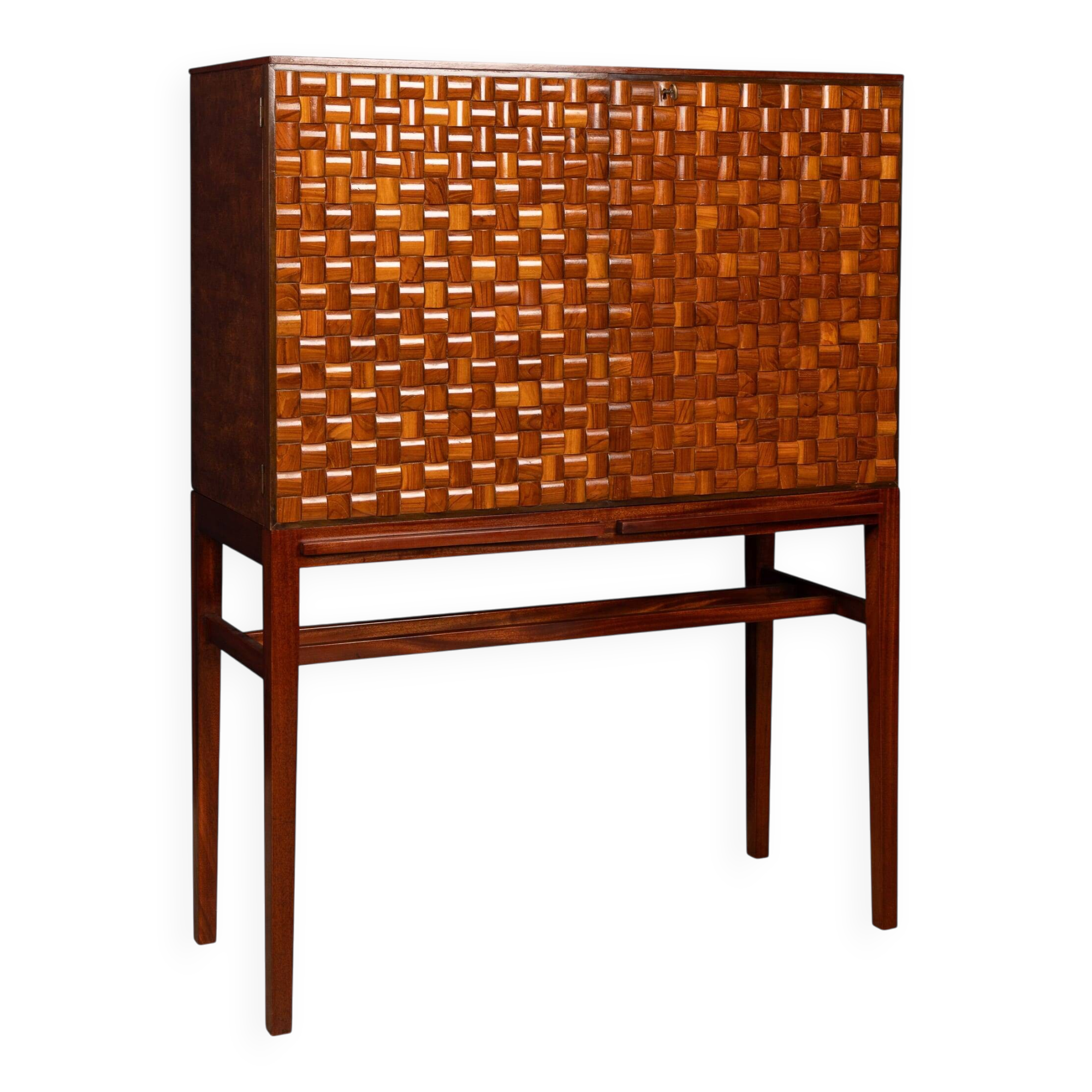 Vintage 20thc italian dry bar cabinet with 'woven' front decor on stand