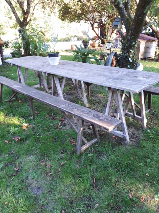 Vintage Guinguette table set with 2 benches