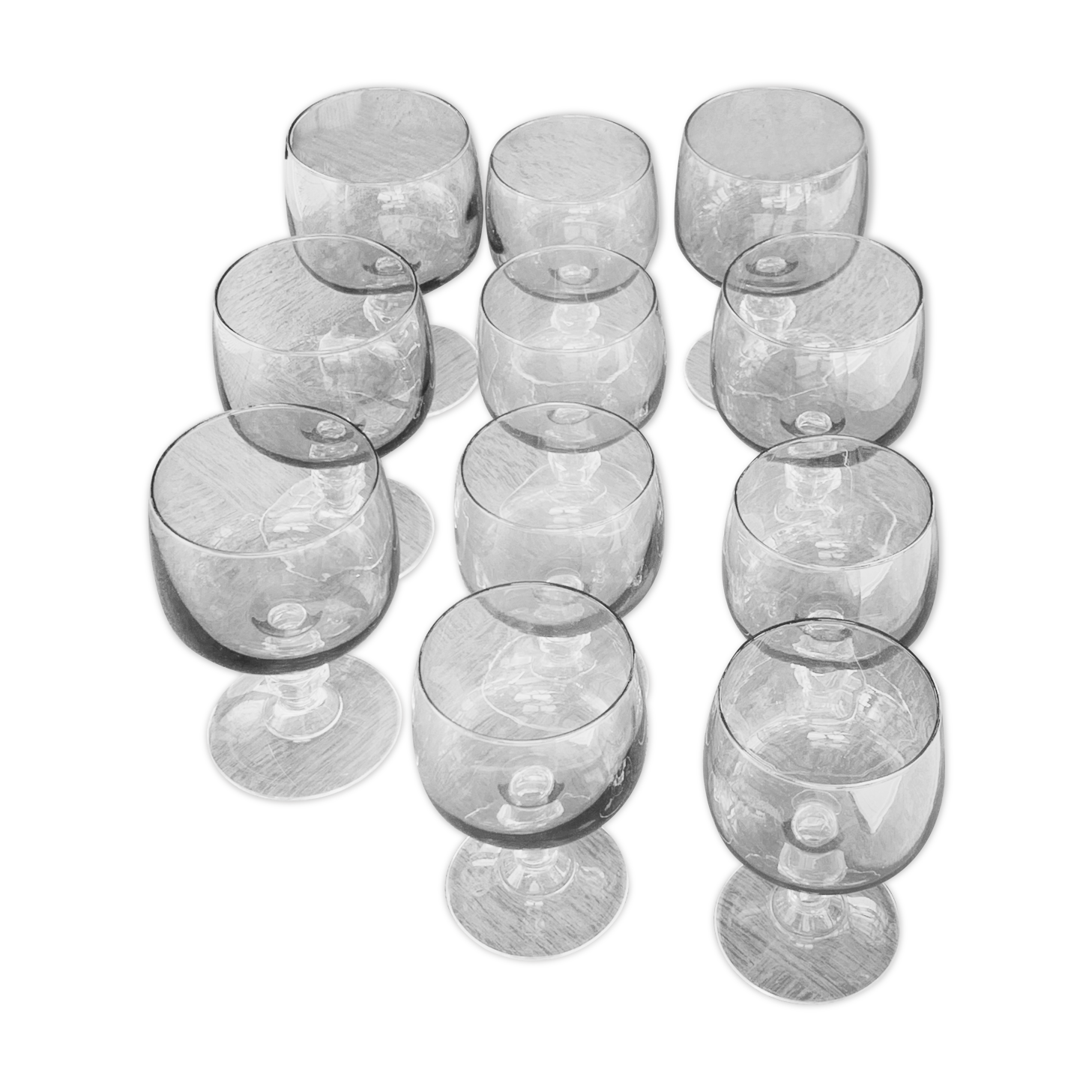 11 wine and water glasses in smoked grey glass and transparent base vintage 1970