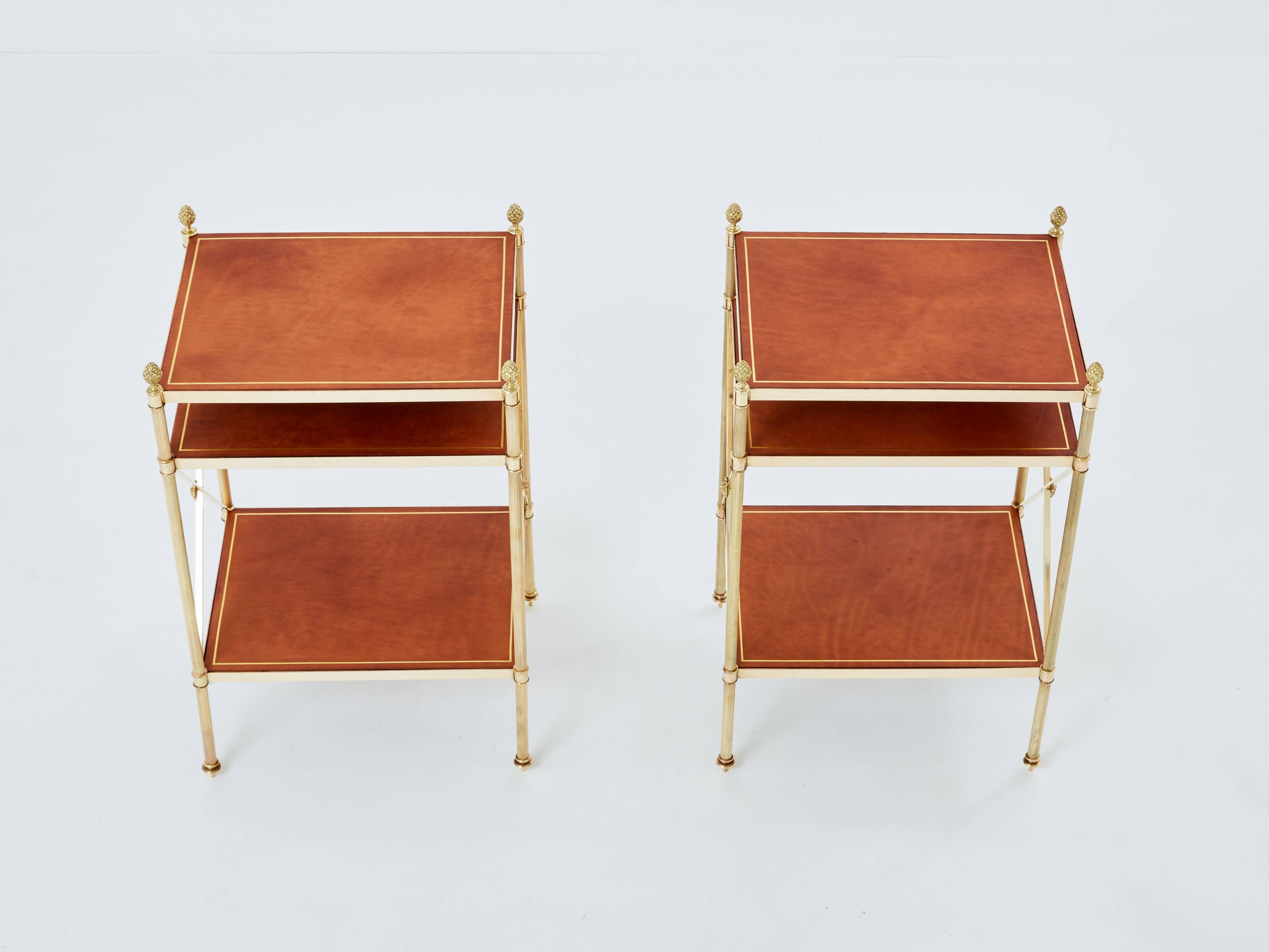 Pair of neoclassical brass leather side tables style Maison Jansen 1970
