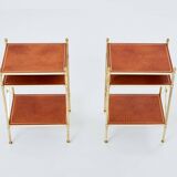 Pair of neoclassical brass leather side tables style Maison Jansen 1970
