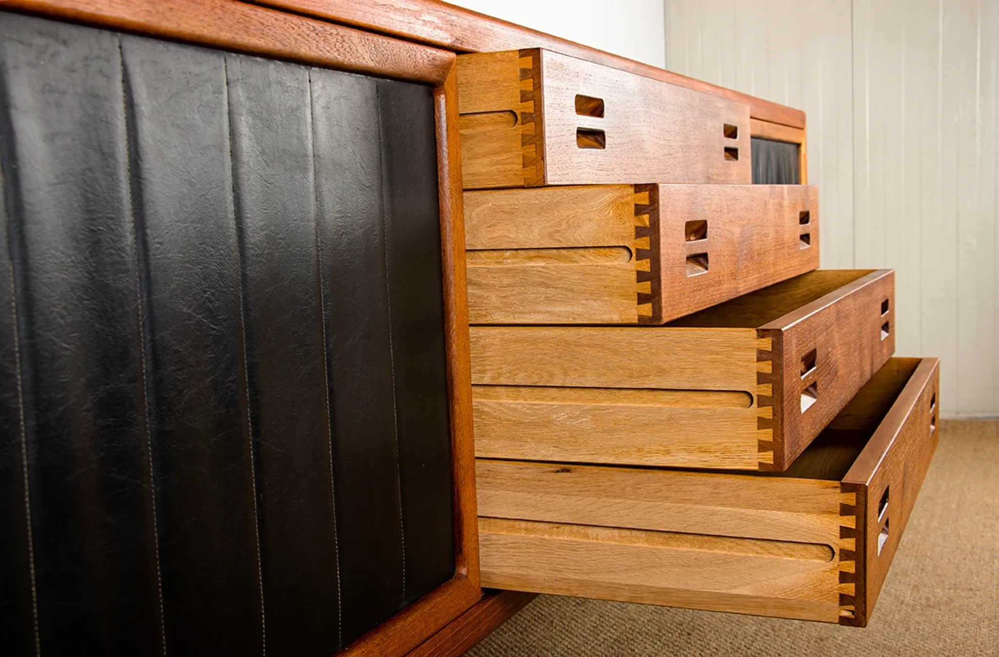 XL Danish sideboard in teak, oak and leatherette, 280 cm, by Nana Ditzel 1960.