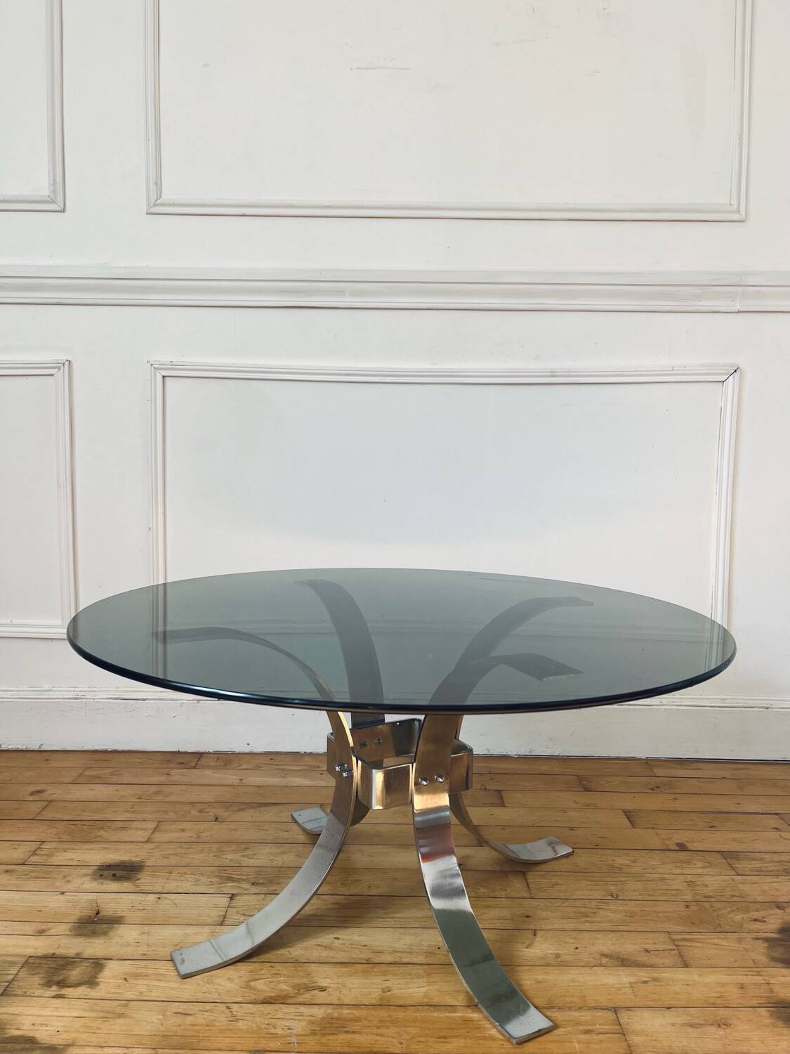Round smoked glass coffee table from the 70s