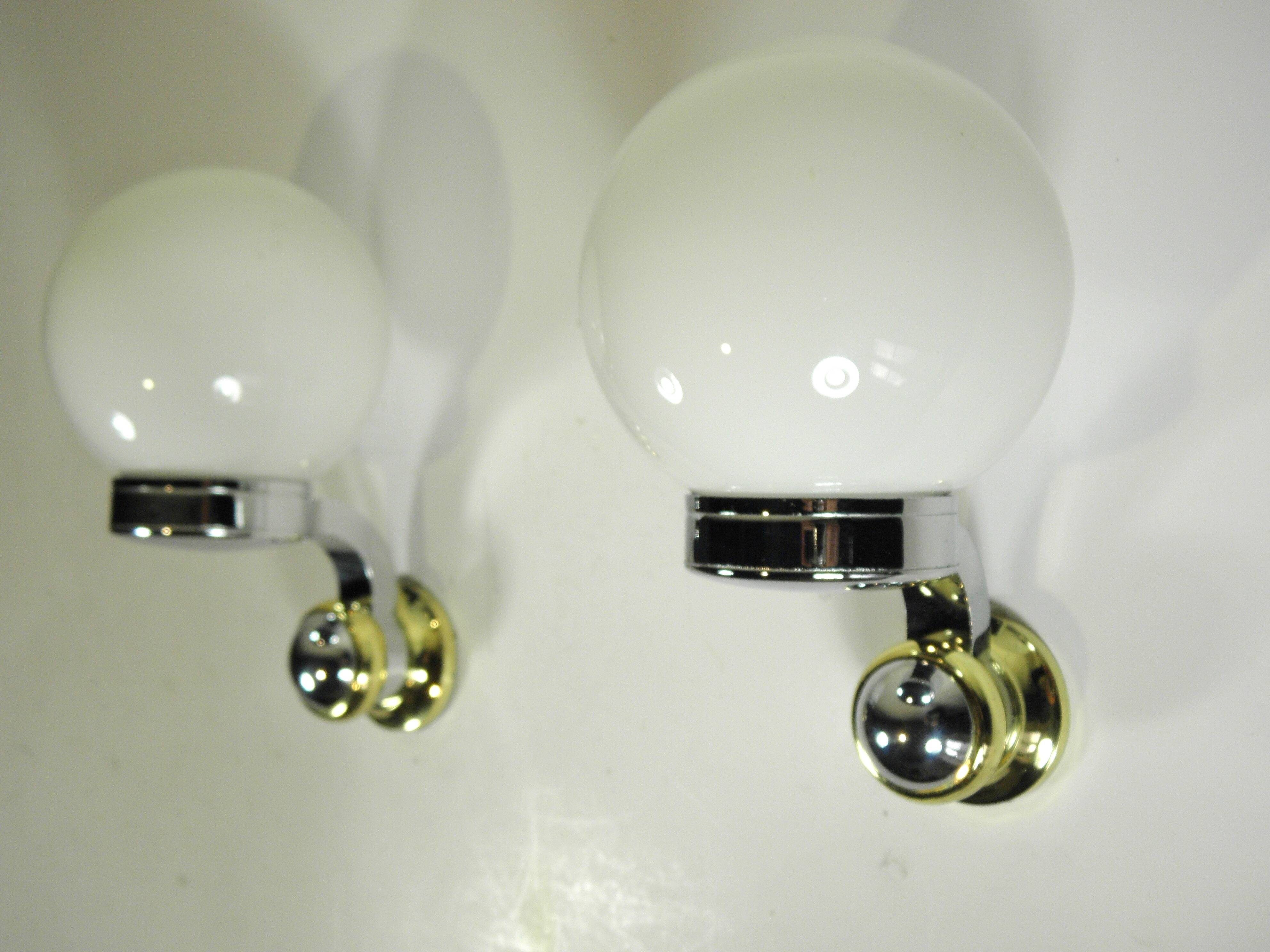 Pair of "GLOBE" APPLIQUES in OPALINE and CHROME and GOLD metal - 70s-80s