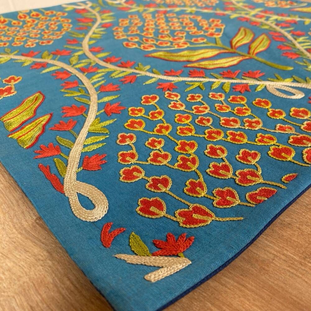 Silk Embroidered Floral Cushion Cover. Blue Throw Pillow Case. Traditional Uzbek Accent Pillow.