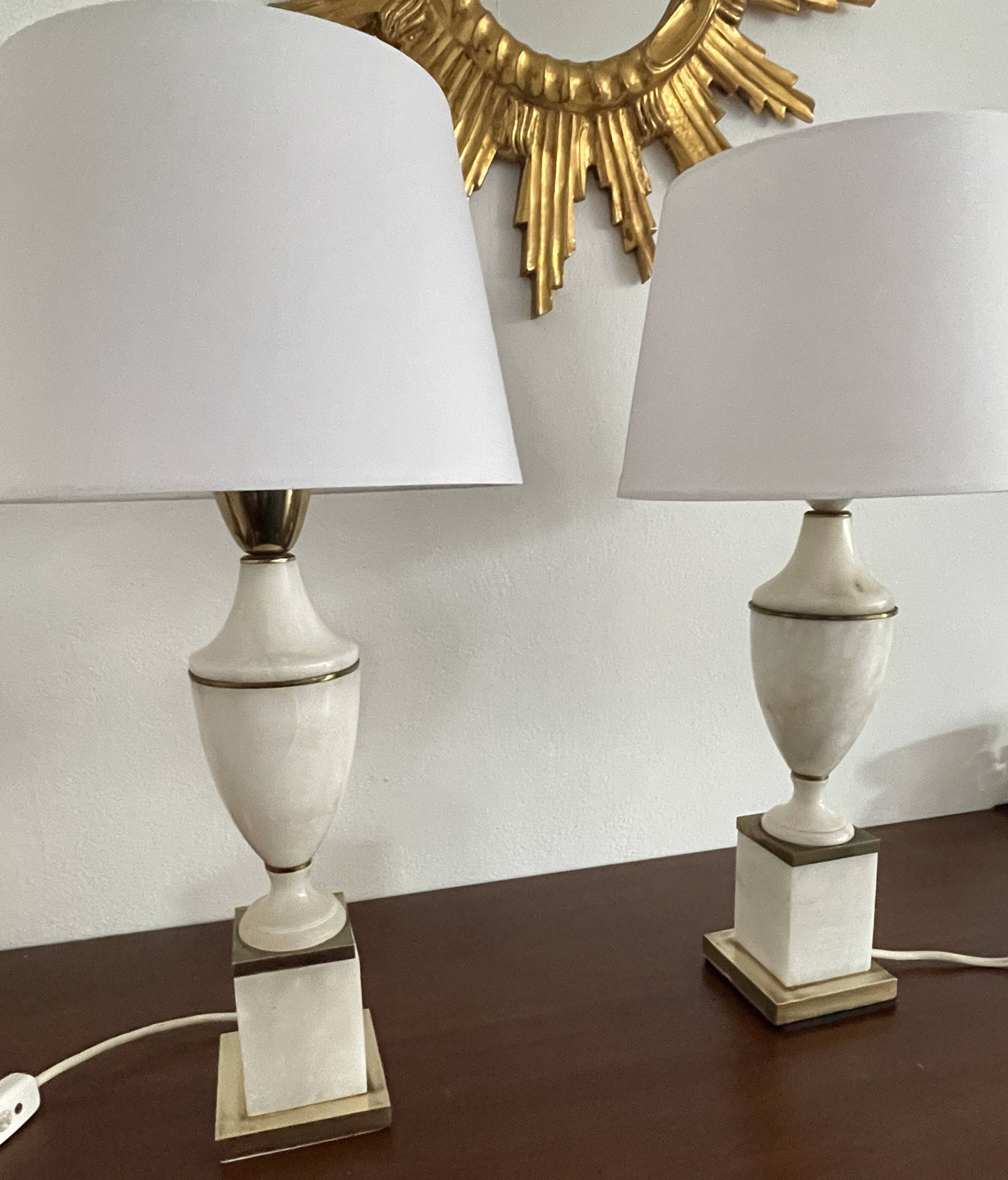 Pair of Art Deco marble and brass lamps