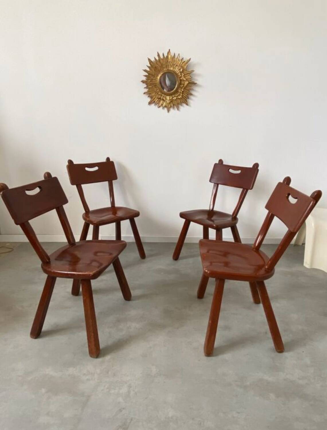 Set of 4 Imperial Loyalist brutalist wooden chairs, vintage 60s design