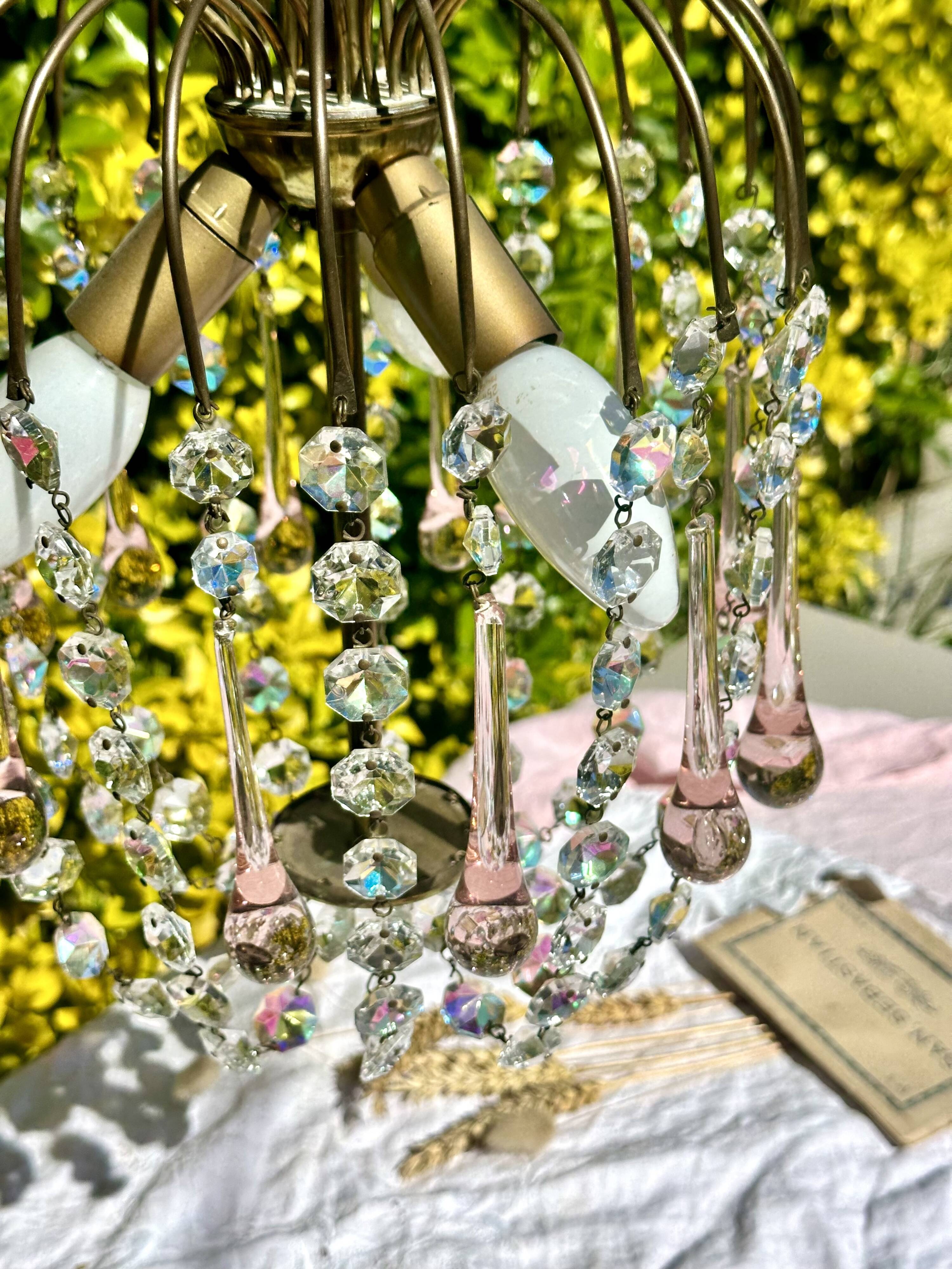 Magnificent Cascade Chandelier in Brass & Crystal Glass 1970s Vintage