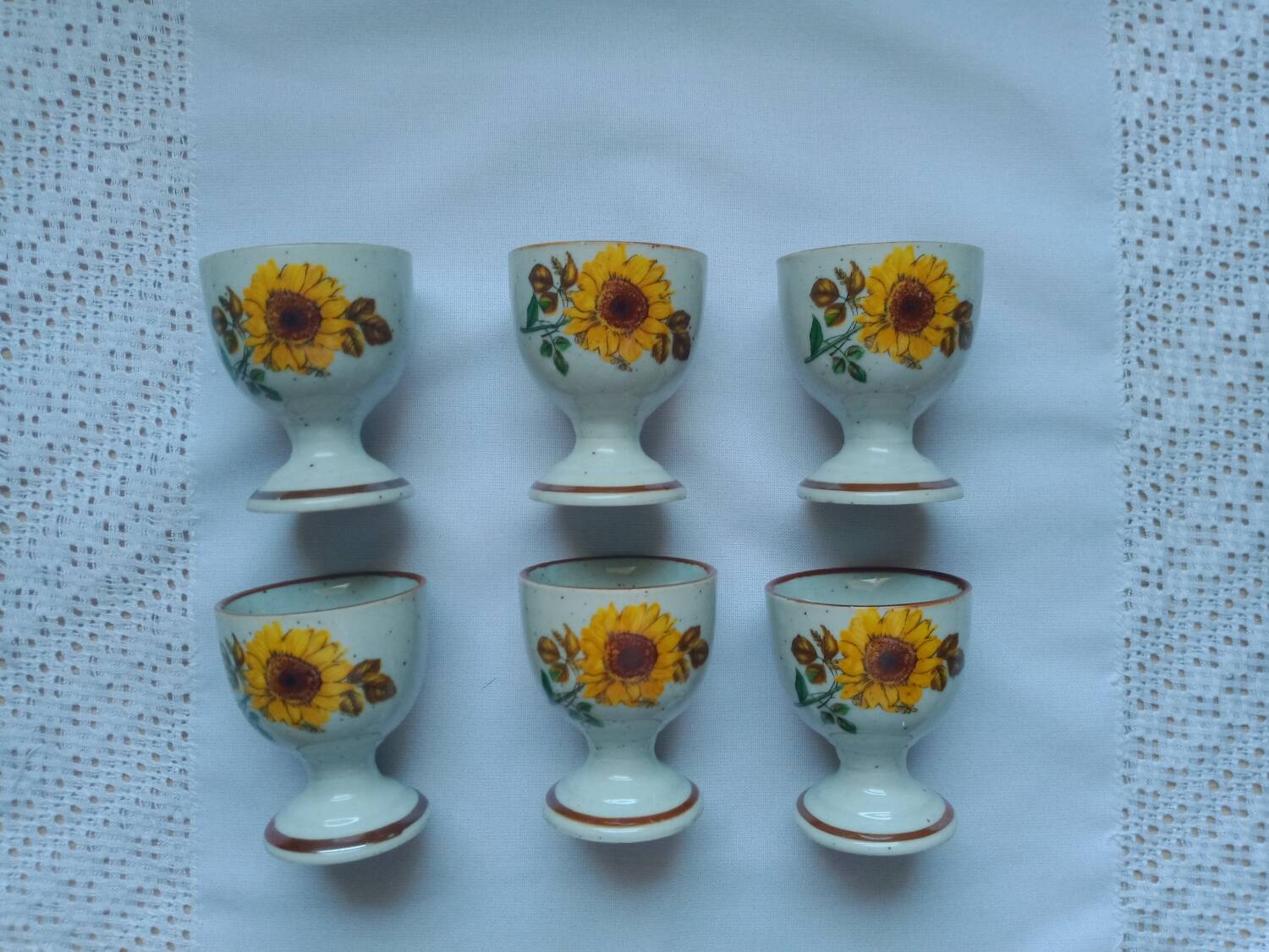Stoneware egg cups screen printed with sunflowers