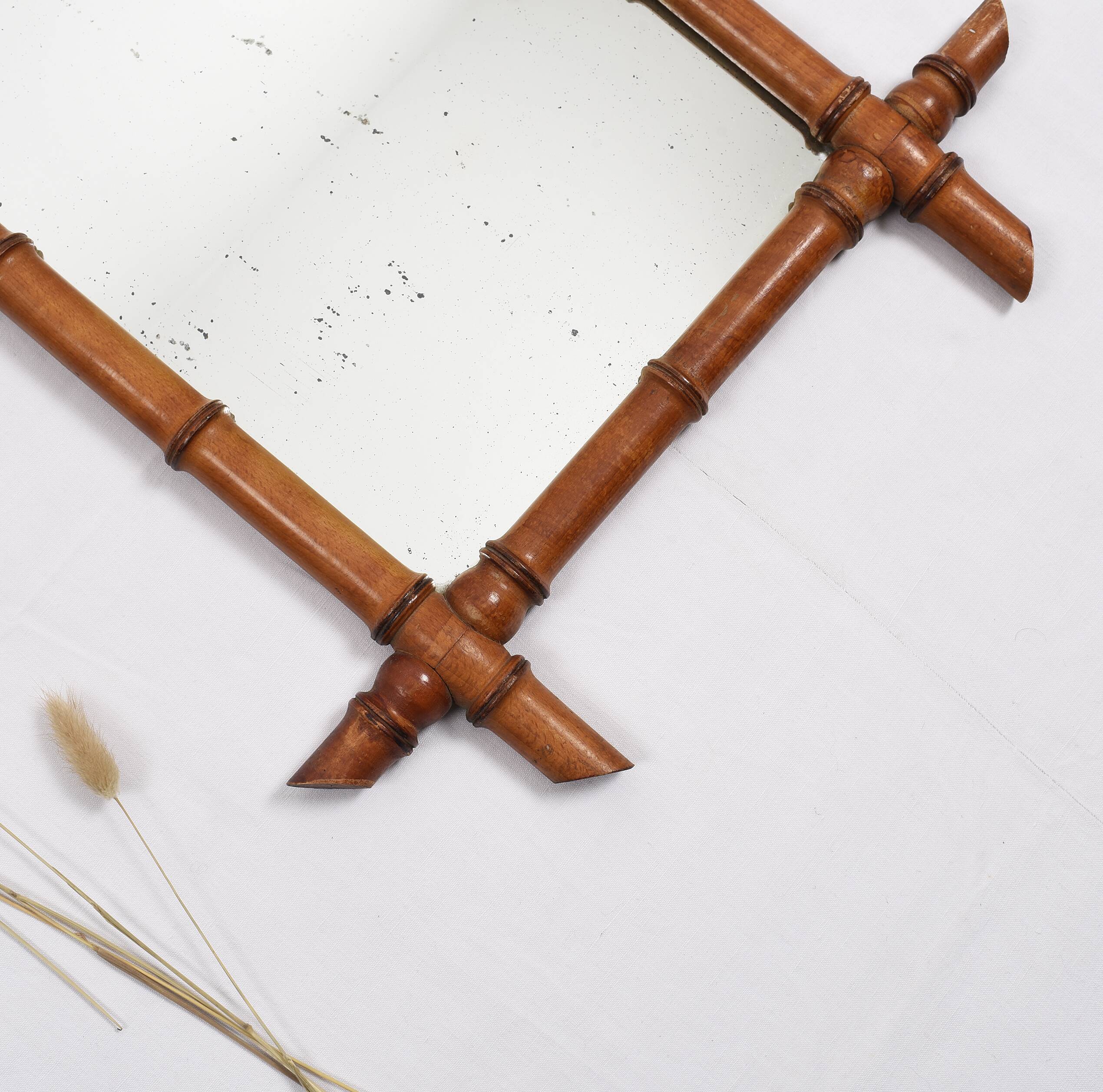 Old turned wooden mirror, bamboo imitation