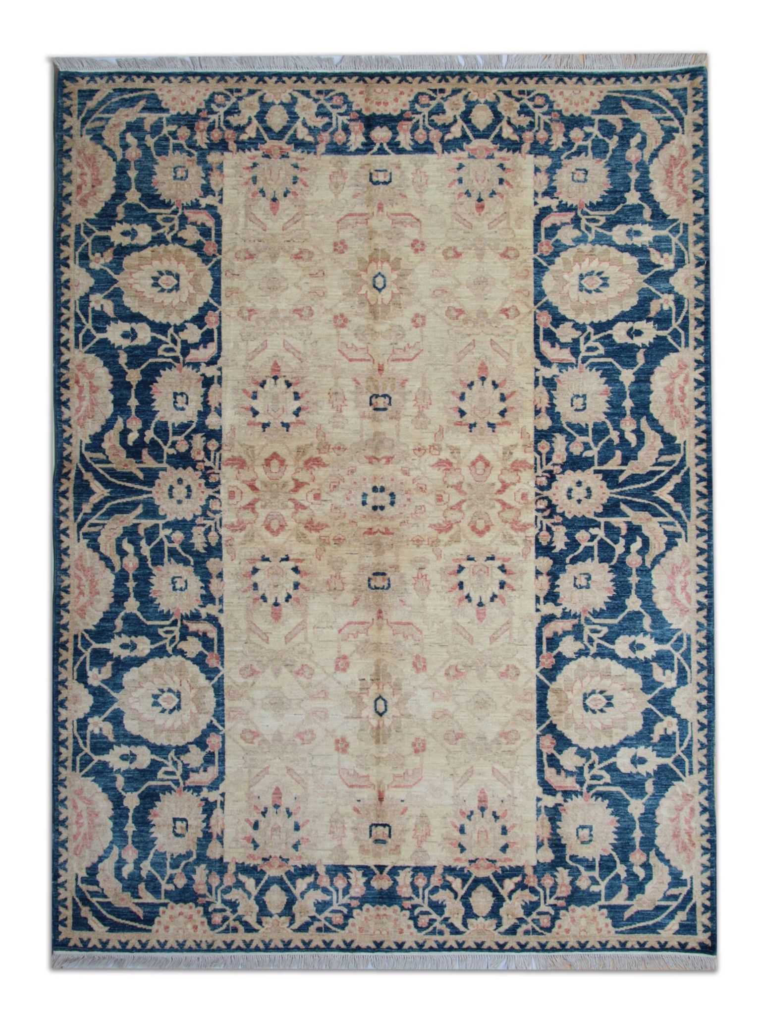 Tapis en laine crème floral Zeigler à nouer à la main, bleu clair, pour intérieur.