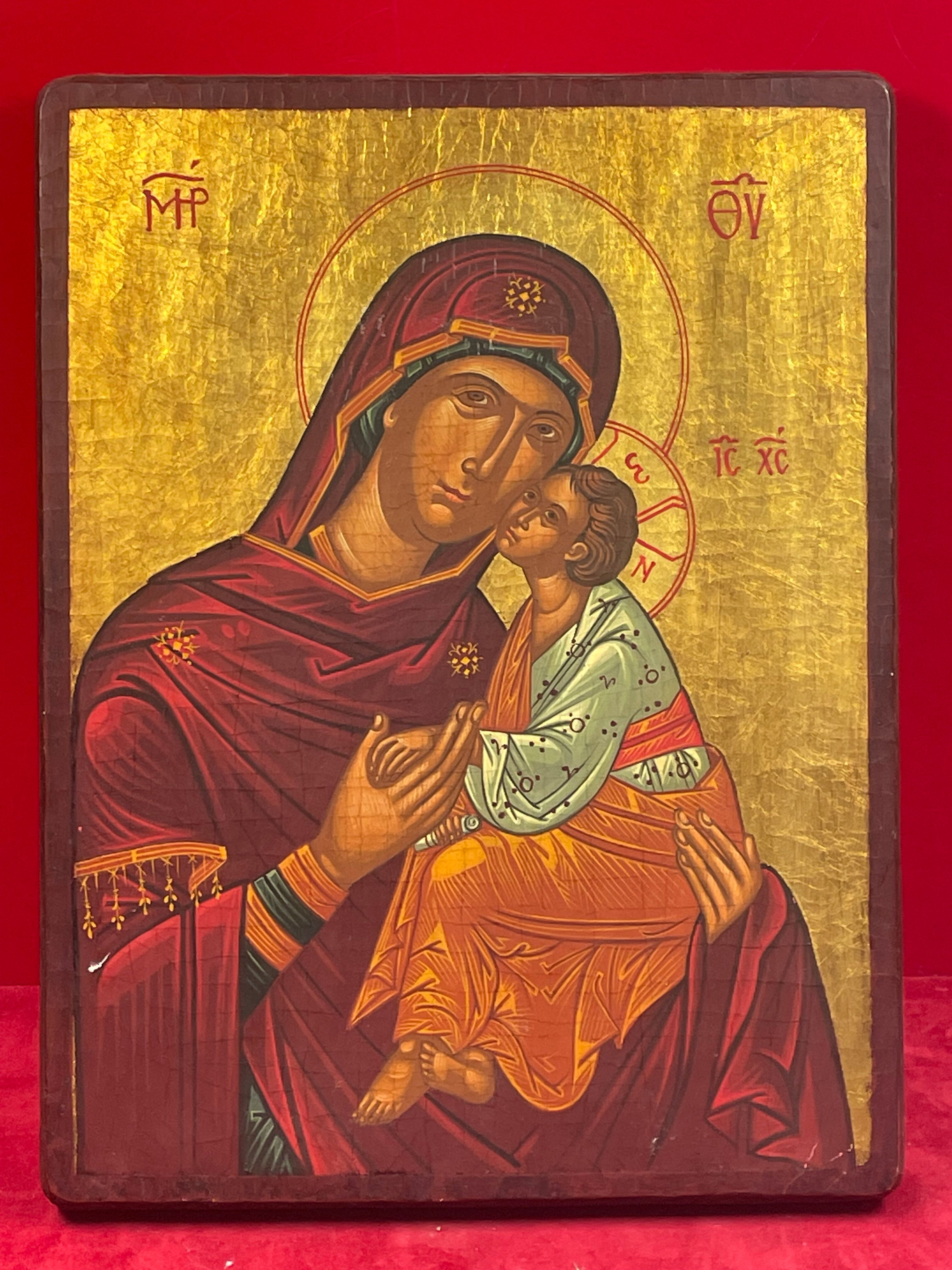 Icône en bois polychrome XXe, peinte à la main, dorée à la feuille, Grèce