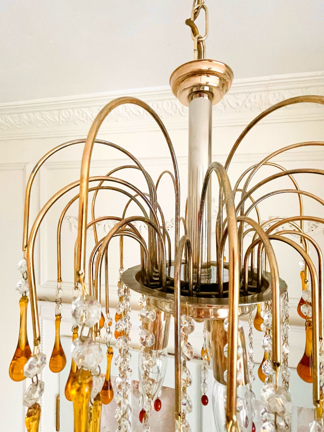 Lustre cascade Murano vintage en verre ambré et cristal, chandelier it
