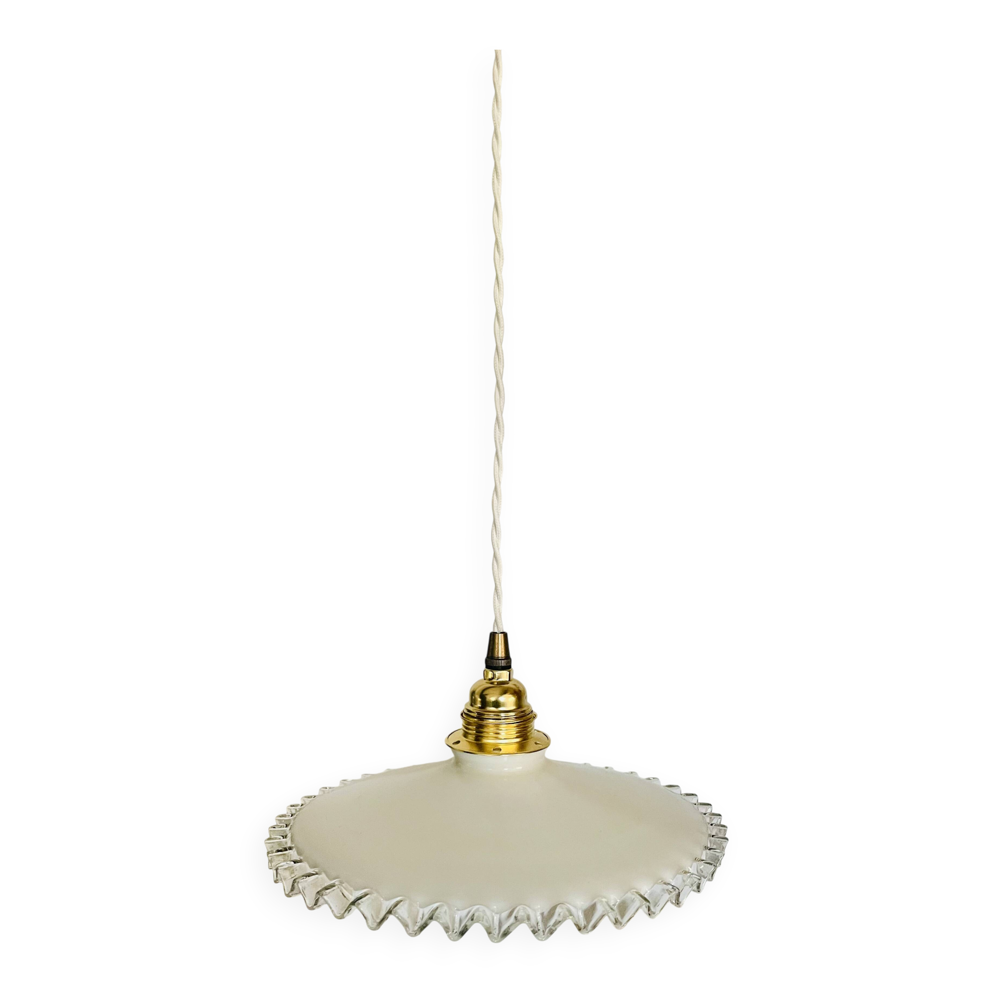 Vintage scalloped opaline glass and gold-tone metal pendant light