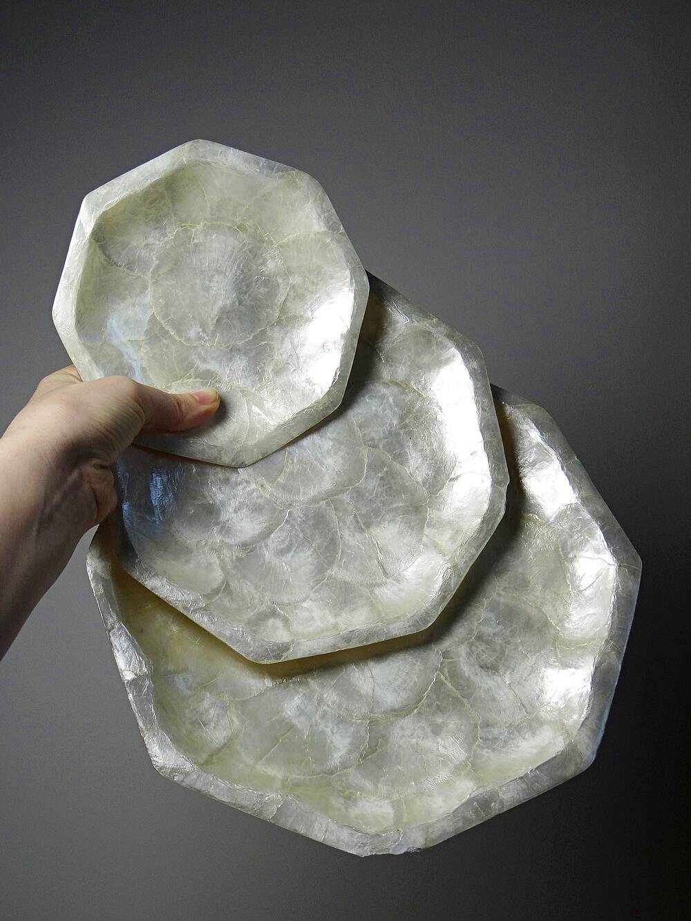 Octagonal capiz shell bowls/trays, vintage Asia from the 1970s-1980s.