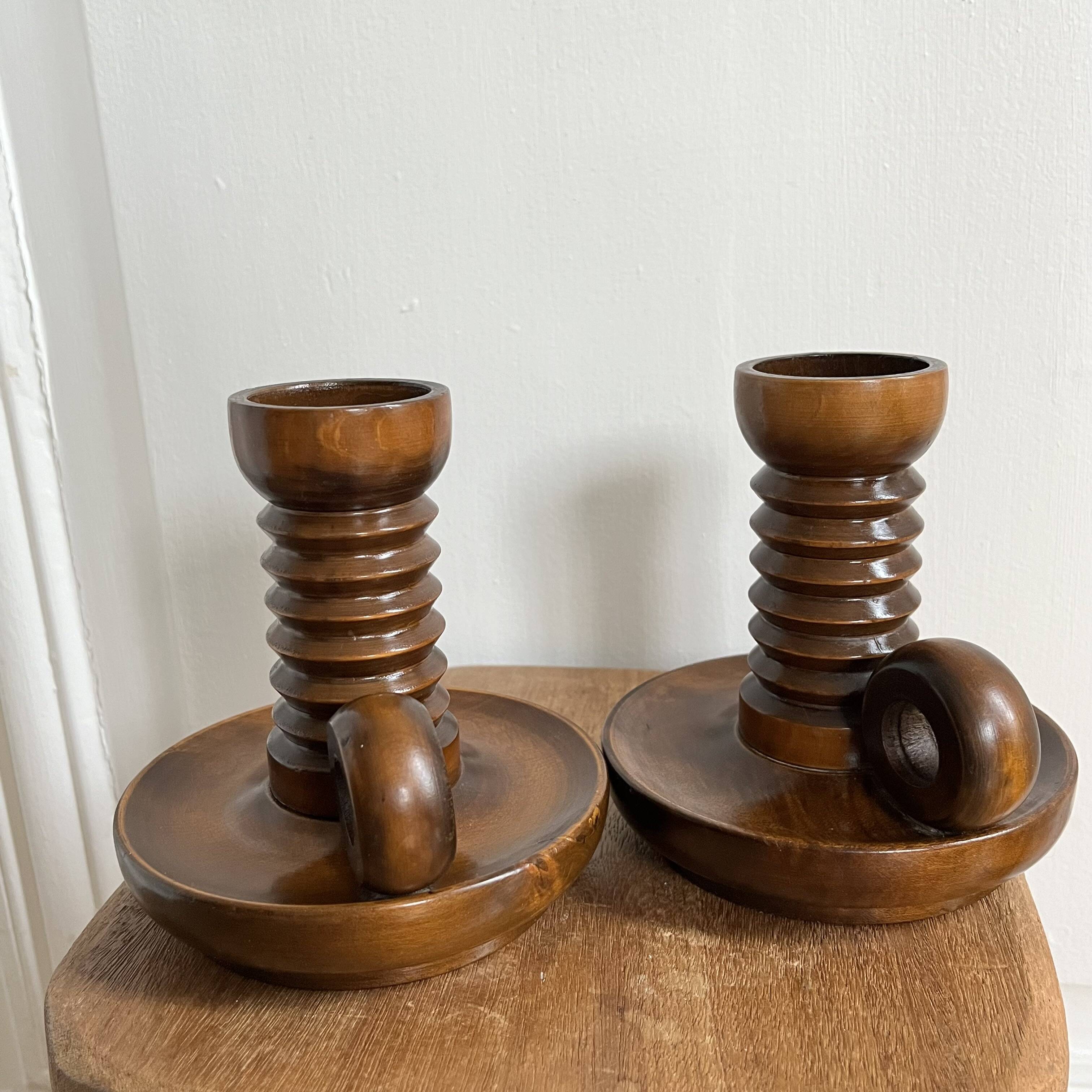 Pair of turned wooden candlesticks from the 70s