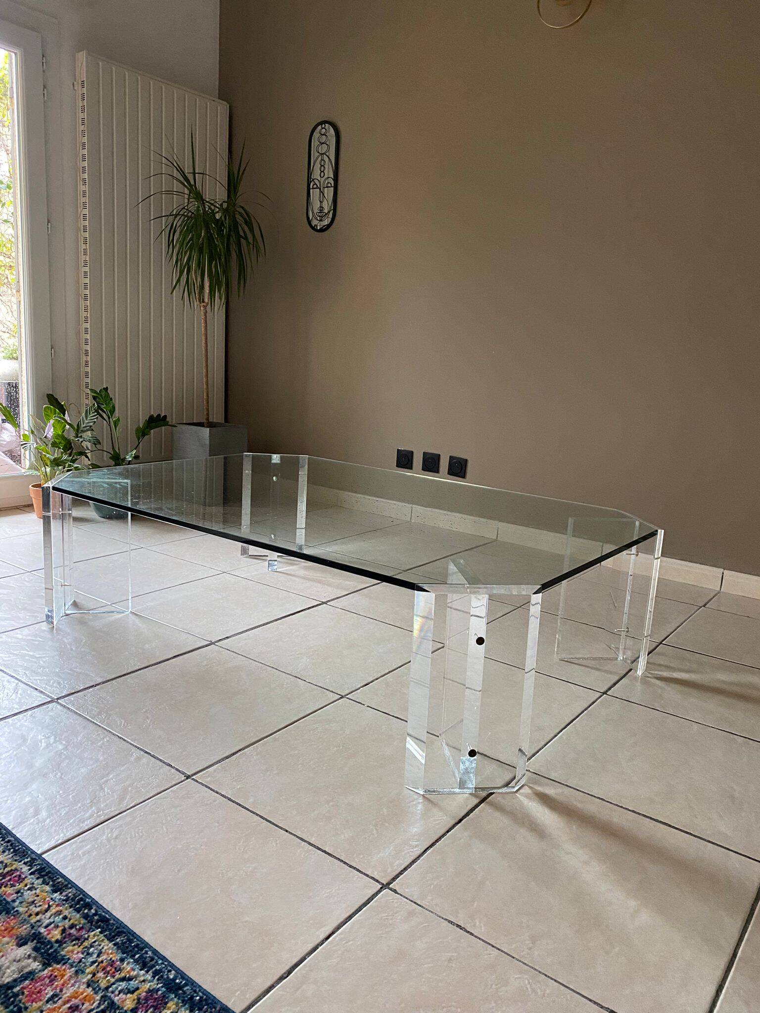 Octagonal Glass and Lucite Coffee Table, Karl Springer, USA Mid-Century Vintage