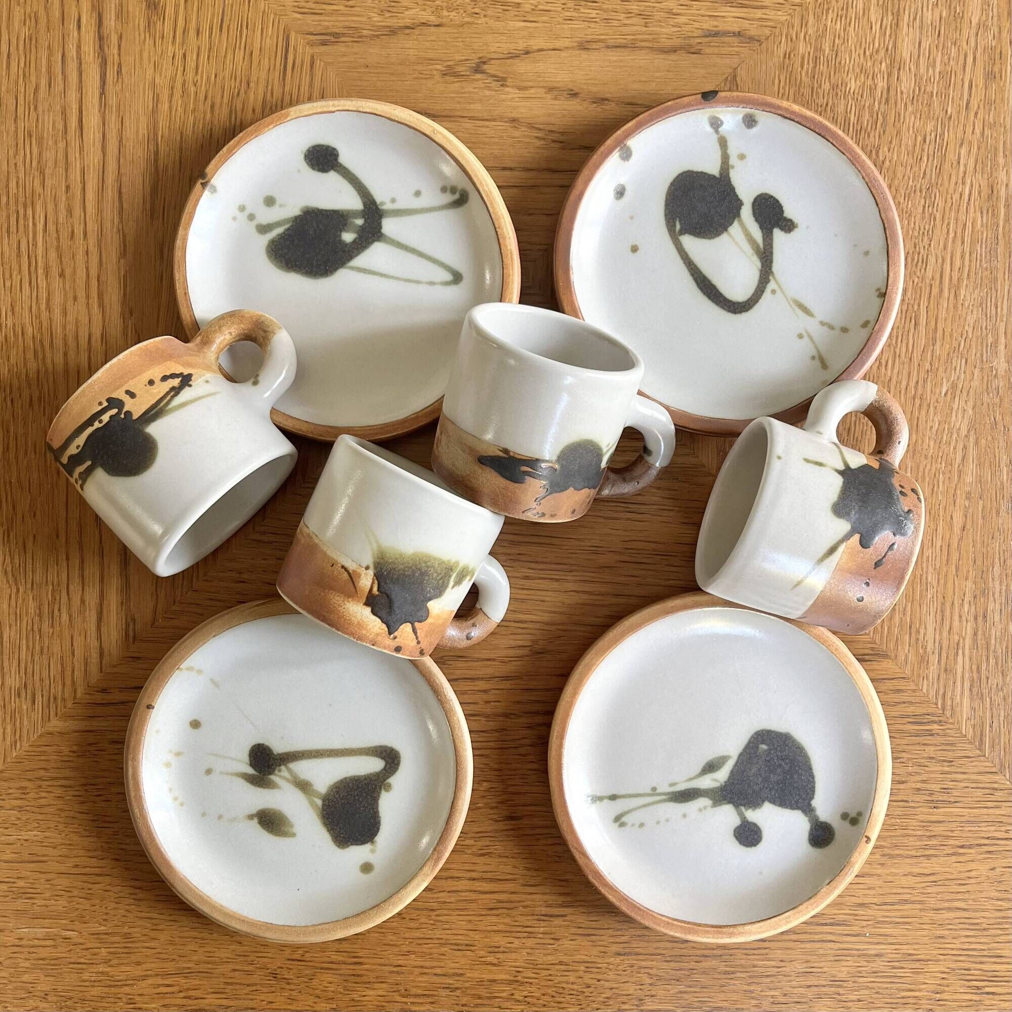 Coffee cups and plates Poterie de La Colombe tachist stoneware 50/60