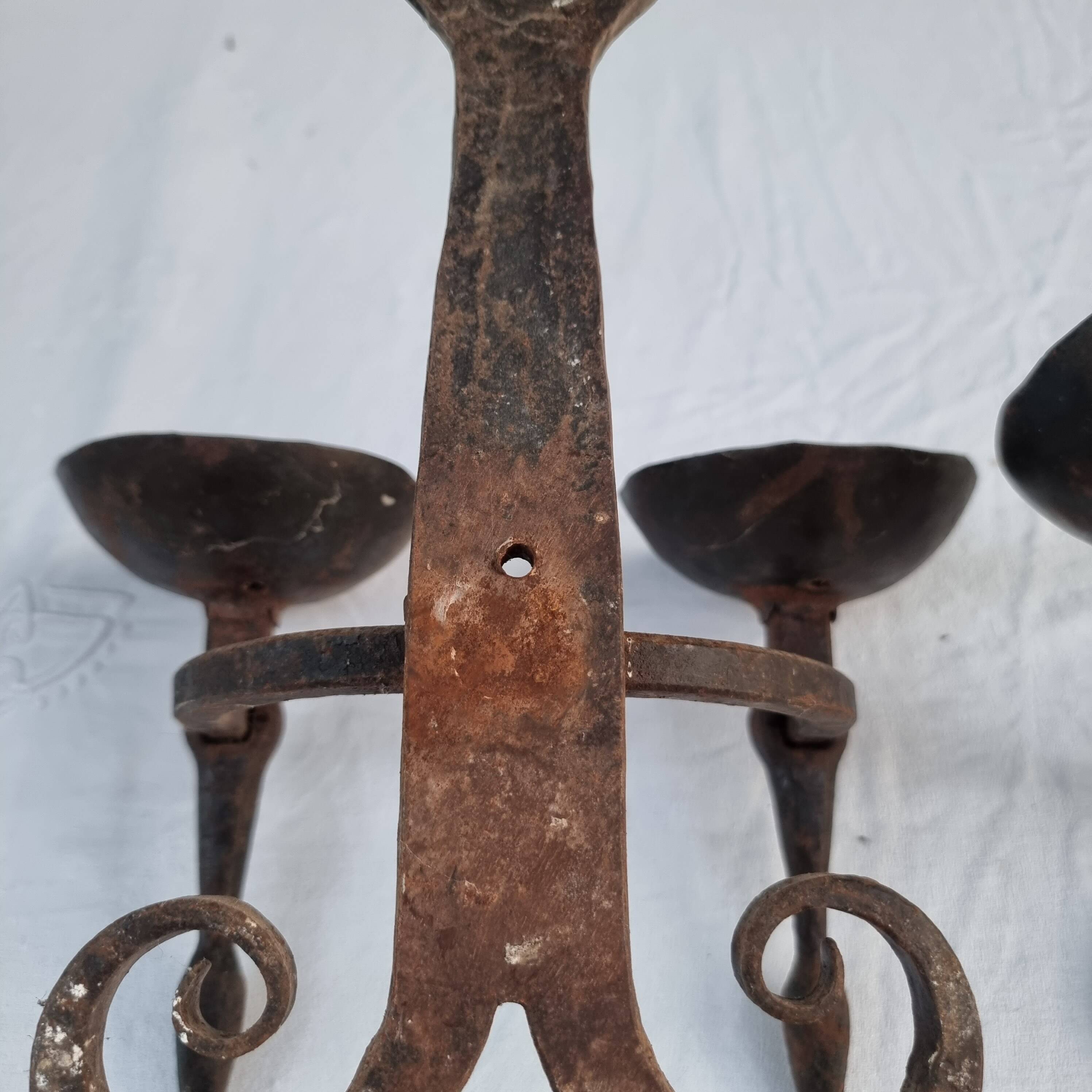 Pair of antique 15th century medieval castle wrought iron candlesticks