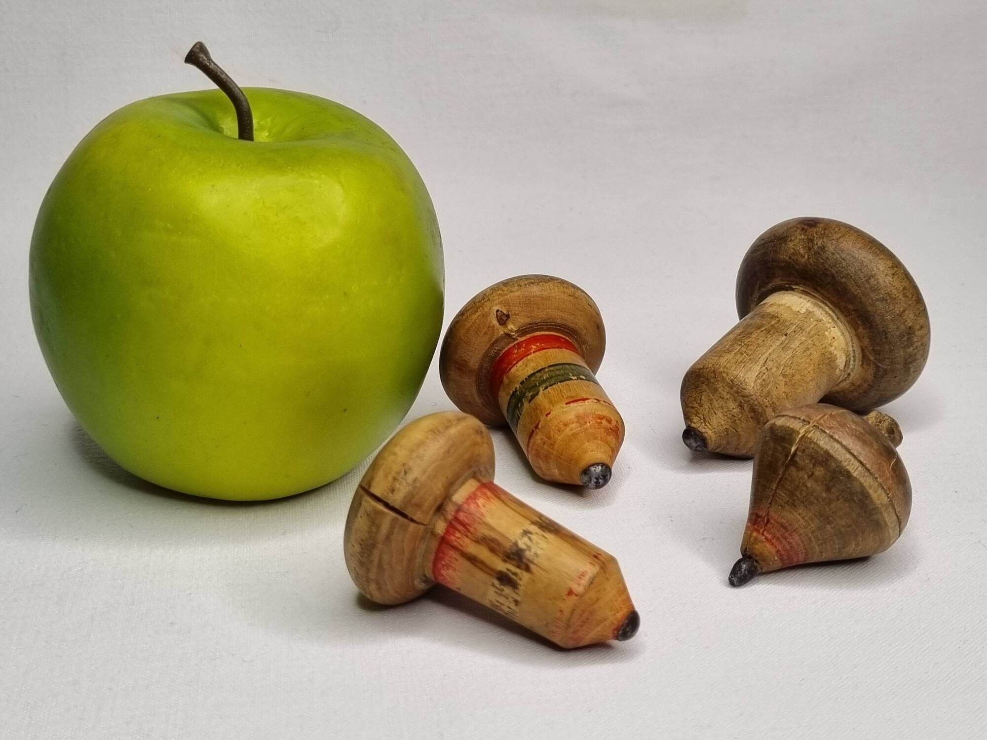 Set of 4 Antique Wooden Spinning Tops – Hand Painted Vintage Toys