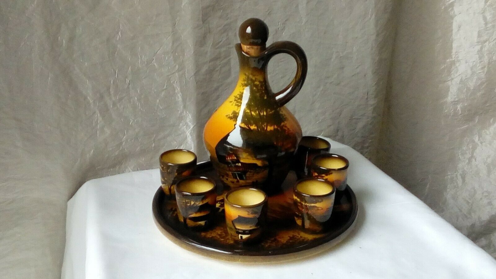 SERVICE A LIQUEUR EN FAIENCE SCHRAMBERG MAJOLICA STYLE SAINT JEAN DU DESERT