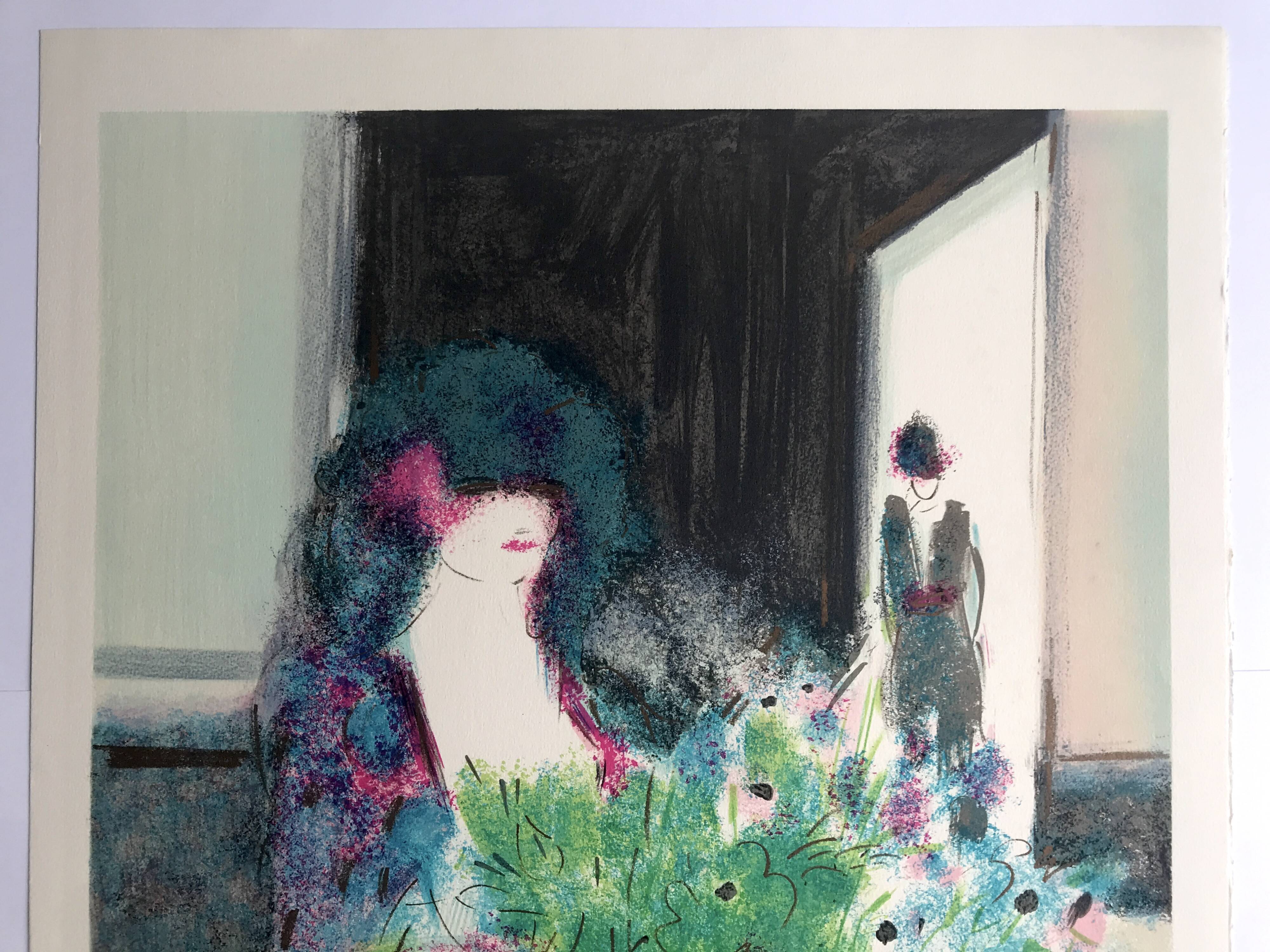 Claude manoukian woman with a bouquet, 1980. lithograph signed in pencil