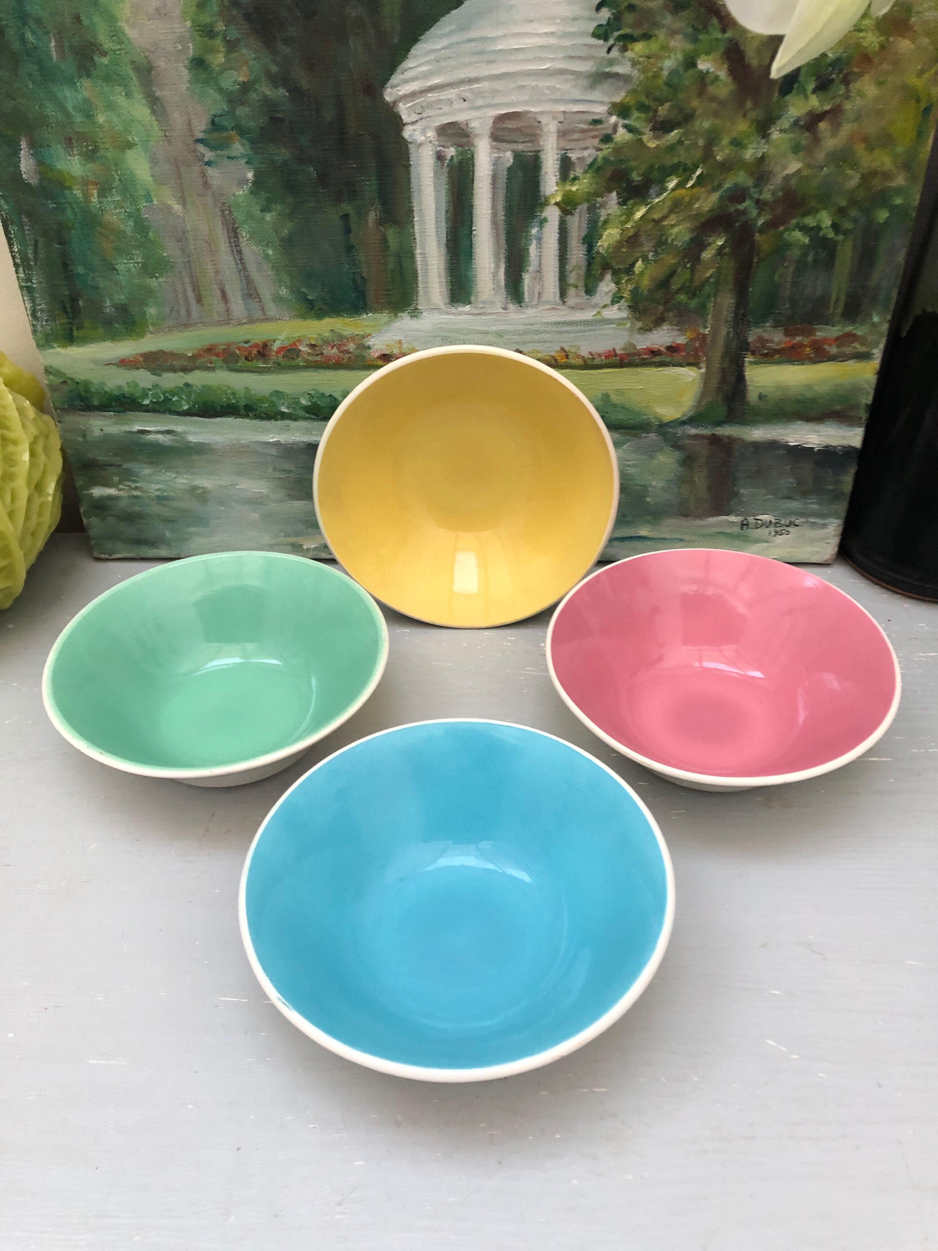 4 Digoin cups France the Francorussian green yellow blue pink dessert
